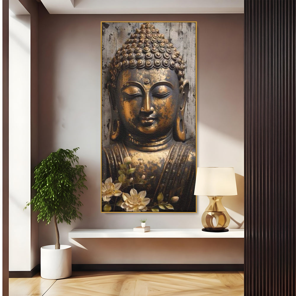 Tablou canvas cu tablou canvas cu capul lui buddha, in rama de aluminiu auriu
